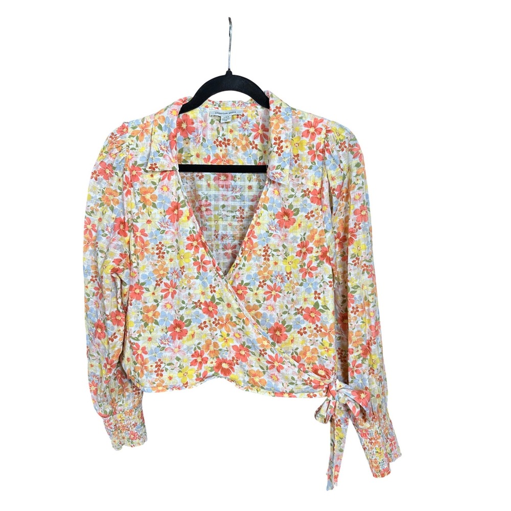American Eagle Floral Gingham Wrap Top‎ Long Sleeve Smocked Cuff Cropped Large